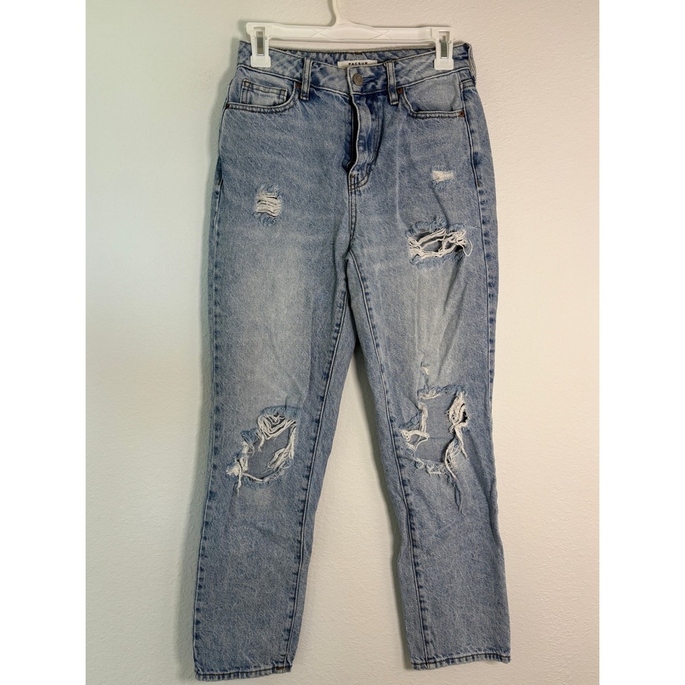 PacSun Mom Jeans Light Wash Distressed Ripped High Waisted Denim Size 25